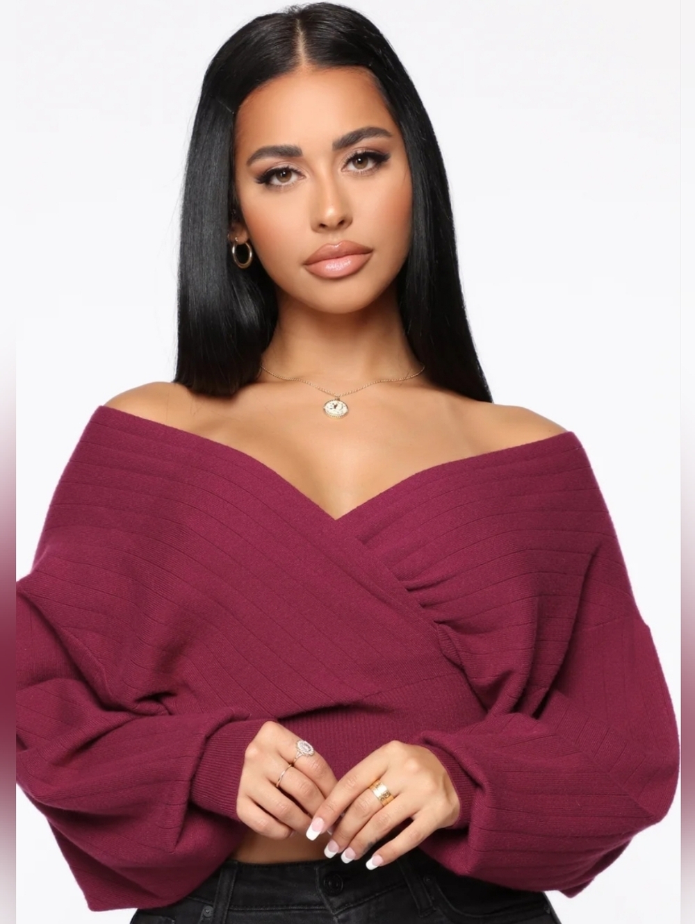 Fashion Nova Ribbed V-Neck Wrap Sweater in Plum